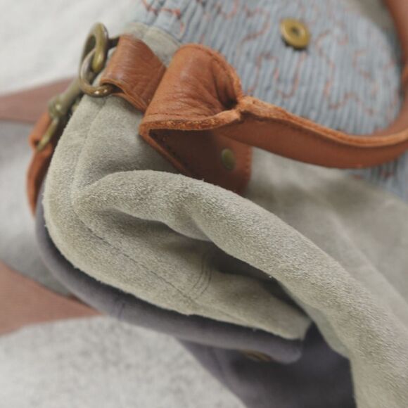 Mo & Co Bag Purse Carry On Weekender Suede Leather Gray Blue Mixed Media Boho - Picture 10 of 16